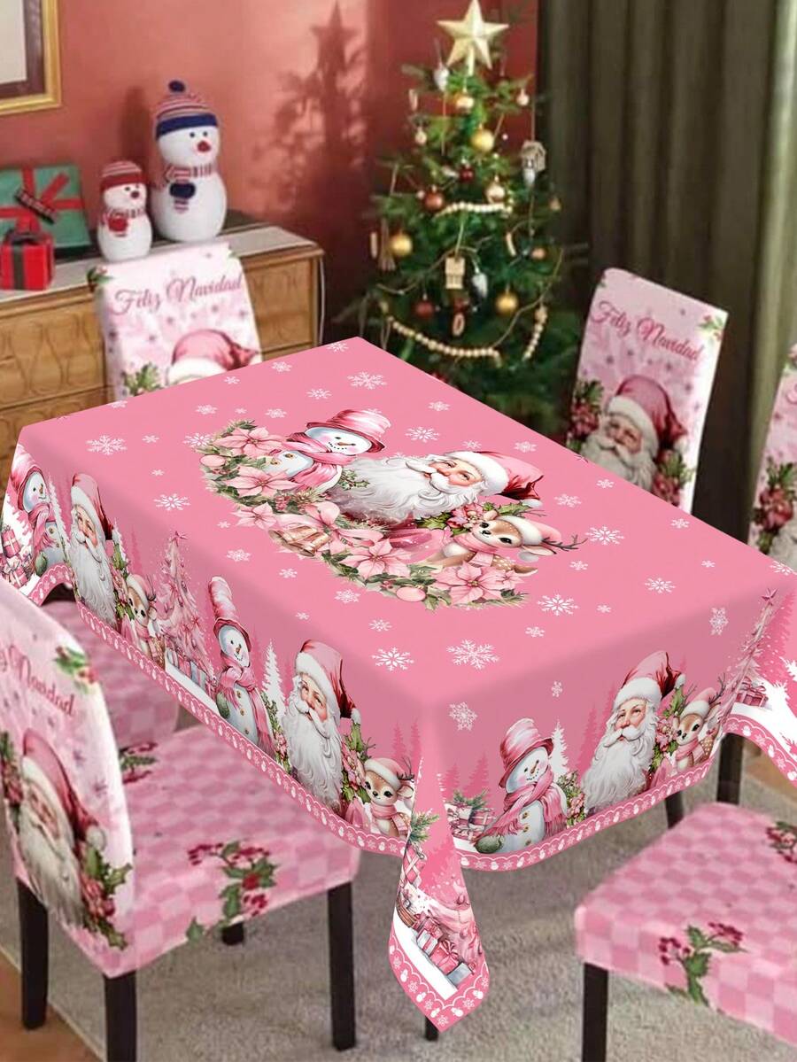 Festive Christmas Tablecloth with Snowman & Reindeer Wreath Design, Polyester Winter Table Cover for Dining Room & Kitchen Holiday Decor