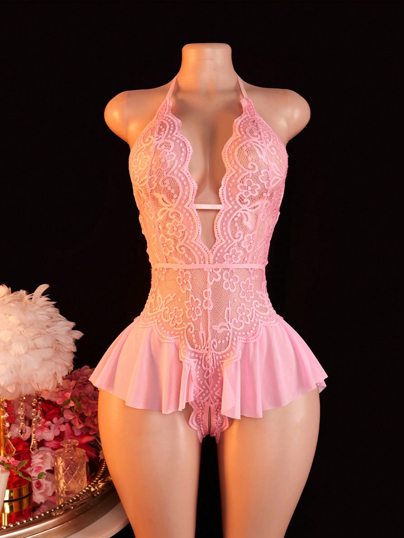 Women's Open Crotch Lace Decorated Backless Halter Neck Sexy Bodysuit With Ruffle Trim, Rave, Baddie Look