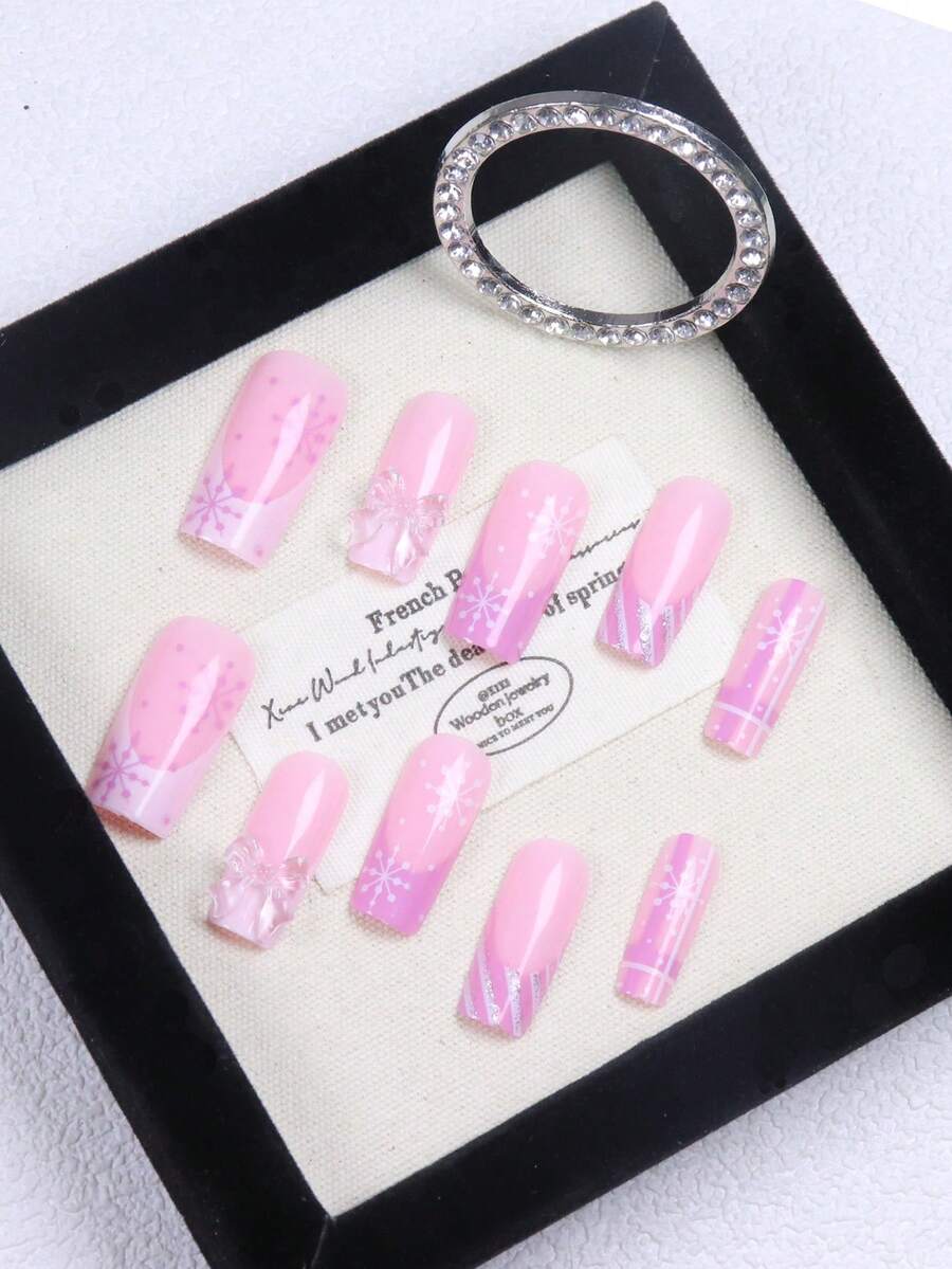 24pcs Long Ballet Christmas Press On Nails, White Snowflakes And Gingerbread Bow Design, 3D Acrylic False Nails For Women Holiday Gift