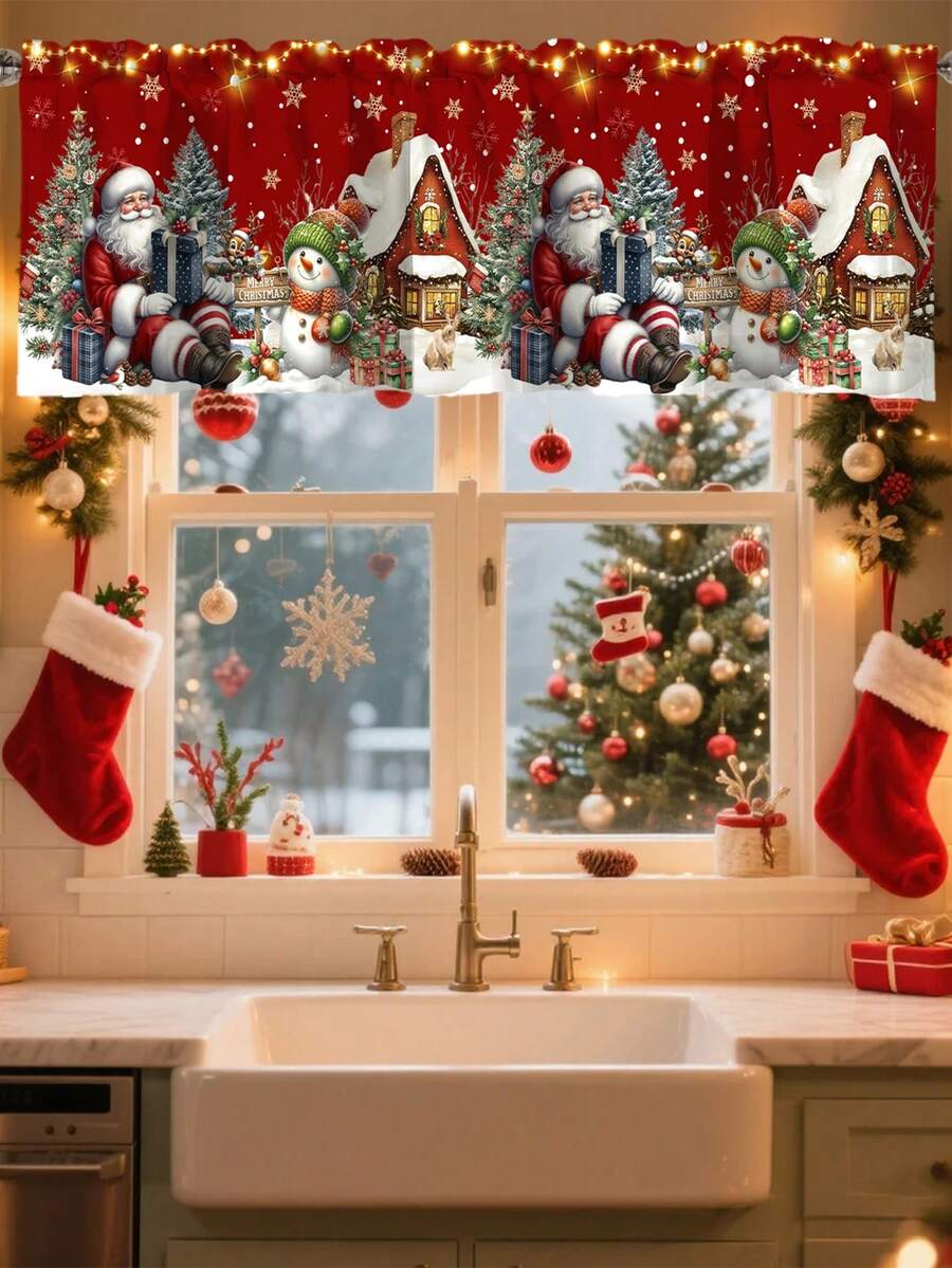 Santa Claus & Snowman Christmas Curtain Valance, 1–2 Piece Polyester Window Decor with Rod Pocket for Kitchen, Living Room or Bedroom