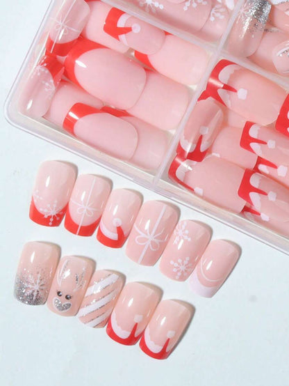 24pcs Christmas Press-On Nails, Short Square Snowman Design with Glitter French Tips, Acrylic False Nail Set with Jelly Glue & File for Holiday Wear