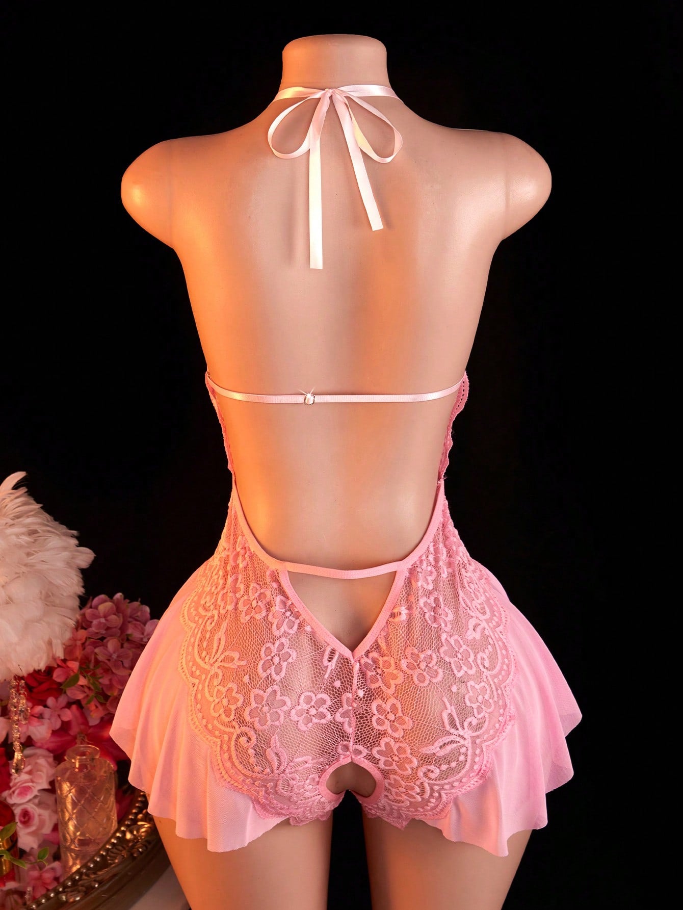 Women's Open Crotch Lace Decorated Backless Halter Neck Sexy Bodysuit With Ruffle Trim, Rave, Baddie Look