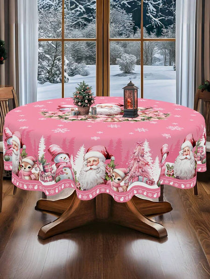 Festive Christmas Tablecloth with Snowman & Reindeer Wreath Design, Polyester Winter Table Cover for Dining Room & Kitchen Holiday Decor