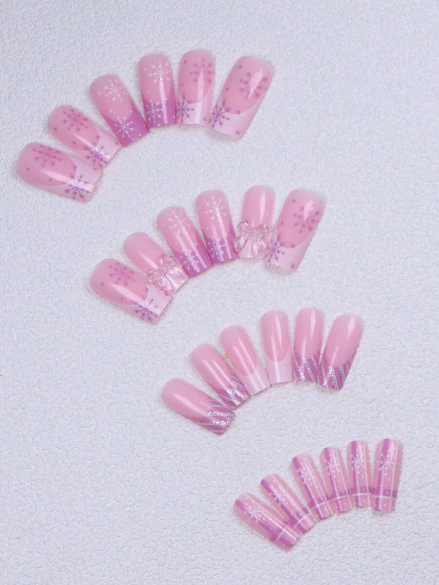 24pcs Long Ballet Christmas Press On Nails, White Snowflakes And Gingerbread Bow Design, 3D Acrylic False Nails For Women Holiday Gift