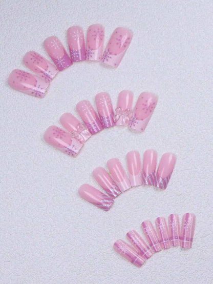 24pcs Long Ballet Christmas Press On Nails, White Snowflakes And Gingerbread Bow Design, 3D Acrylic False Nails For Women Holiday Gift