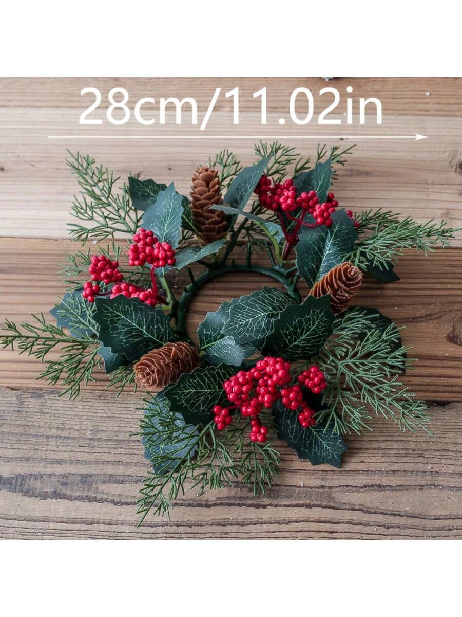 Christmas Candle Ring Holder with Red Flowers, Gold Berries & Greenery, Holiday Table Centerpiece