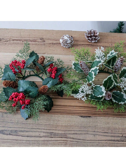 Christmas Candle Ring Holder with Red Flowers, Gold Berries & Greenery, Holiday Table Centerpiece