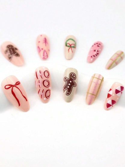 24pcs Almond Christmas Press On Nails, Red Santa Hat Short False Nails, Holiday Nail Set For Women, Office, Date, Party & Everyday Wear