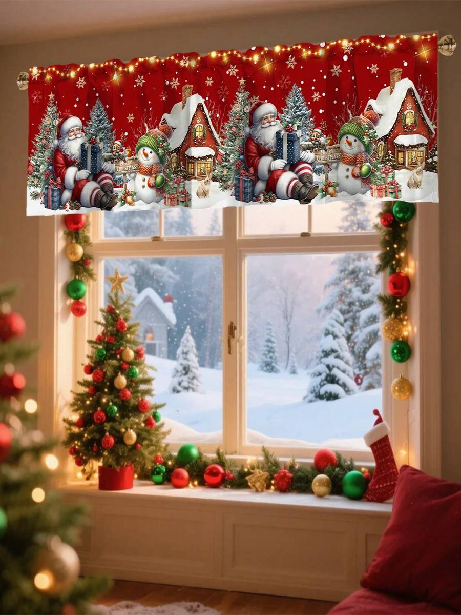 Santa Claus & Snowman Christmas Curtain Valance, 1–2 Piece Polyester Window Decor with Rod Pocket for Kitchen, Living Room or Bedroom