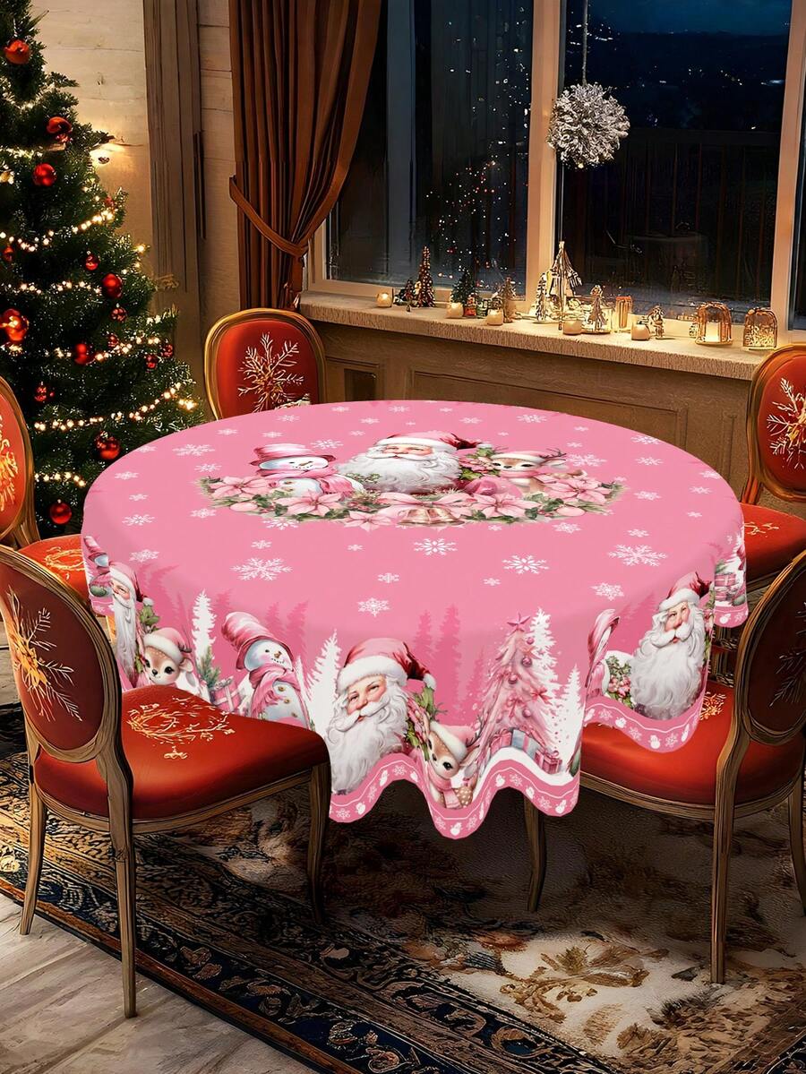 Festive Christmas Tablecloth with Snowman & Reindeer Wreath Design, Polyester Winter Table Cover for Dining Room & Kitchen Holiday Decor