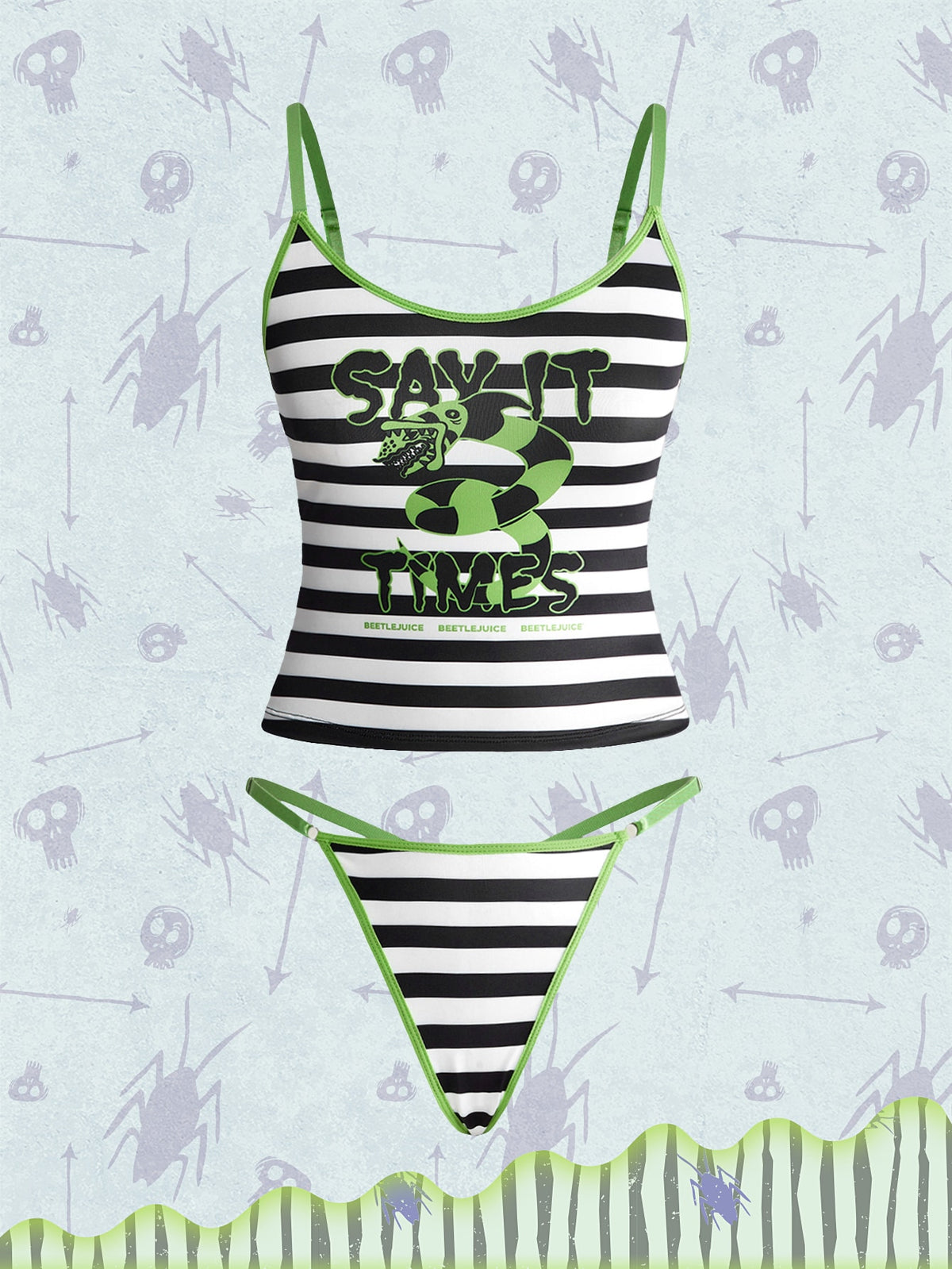 Black 2-piece goth lingerie set featuring a wireless graphic crop camisole bra with adjustable straps and contrast binding paired with a matching mid-rise thong.
