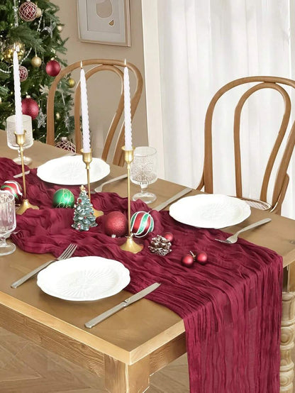 Wrinkled Cheesecloth Table Runner for Weddings and Holidays, Elegant Table Centerpiece Cloth for Christmas Dining, Birthdays, and Romantic Events