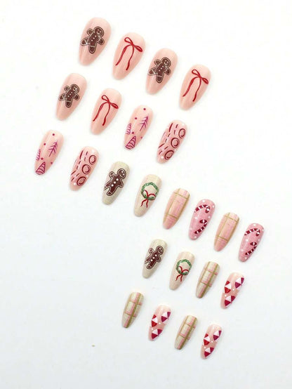 24pcs Almond Christmas Press On Nails, Red Santa Hat Short False Nails, Holiday Nail Set For Women, Office, Date, Party & Everyday Wear