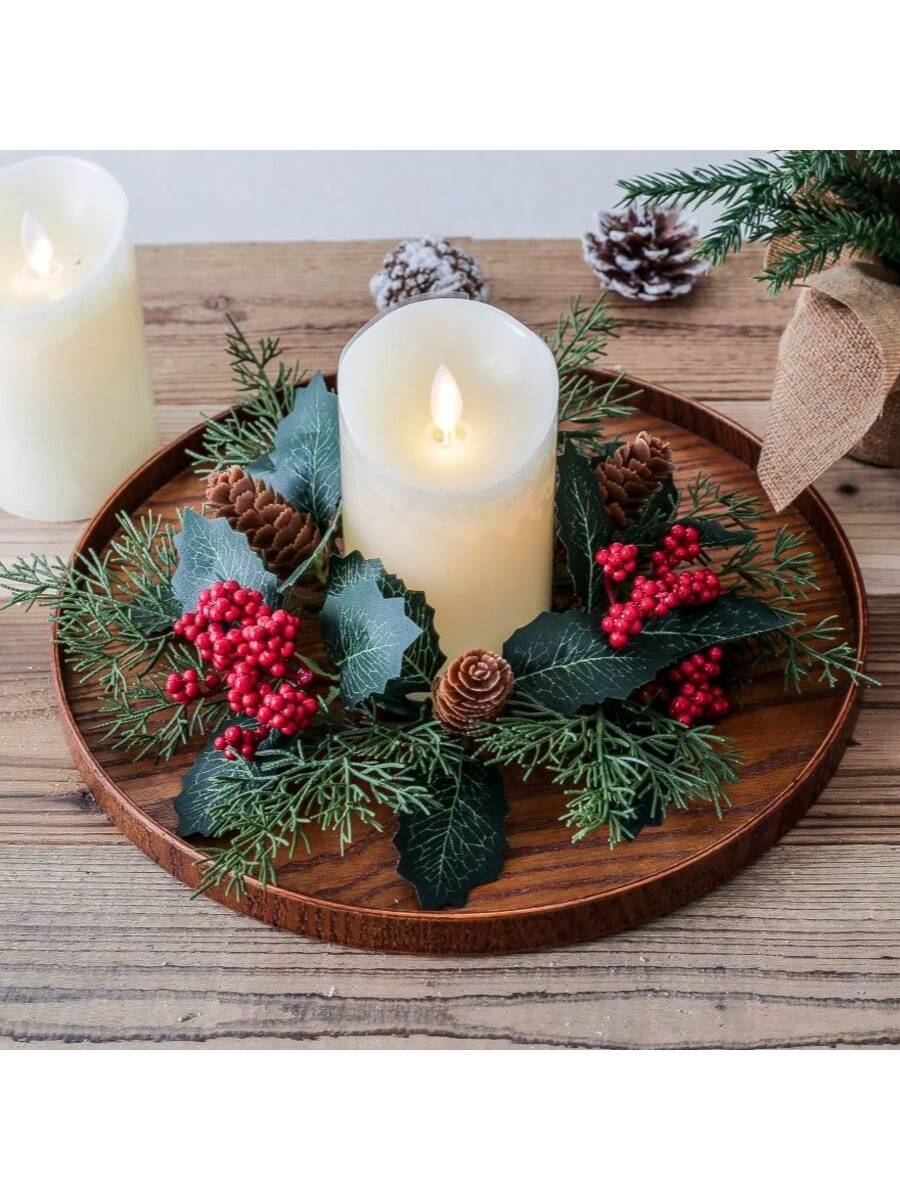 Christmas Candle Ring Holder with Red Flowers, Gold Berries & Greenery, Holiday Table Centerpiece