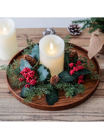 Christmas Candle Ring Holder with Red Flowers, Gold Berries & Greenery, Holiday Table Centerpiece