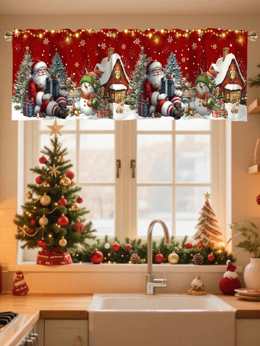 Santa Claus & Snowman Christmas Curtain Valance, 1–2 Piece Polyester Window Decor with Rod Pocket for Kitchen, Living Room or Bedroom
