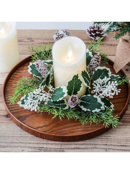 Christmas Candle Ring Holder with Red Flowers, Gold Berries & Greenery, Holiday Table Centerpiece