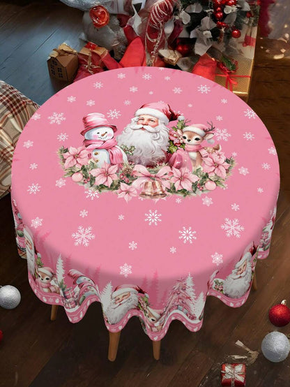 Festive Christmas Tablecloth with Snowman & Reindeer Wreath Design, Polyester Winter Table Cover for Dining Room & Kitchen Holiday Decor