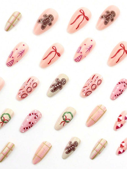 24pcs Almond Christmas Press On Nails, Red Santa Hat Short False Nails, Holiday Nail Set For Women, Office, Date, Party & Everyday Wear