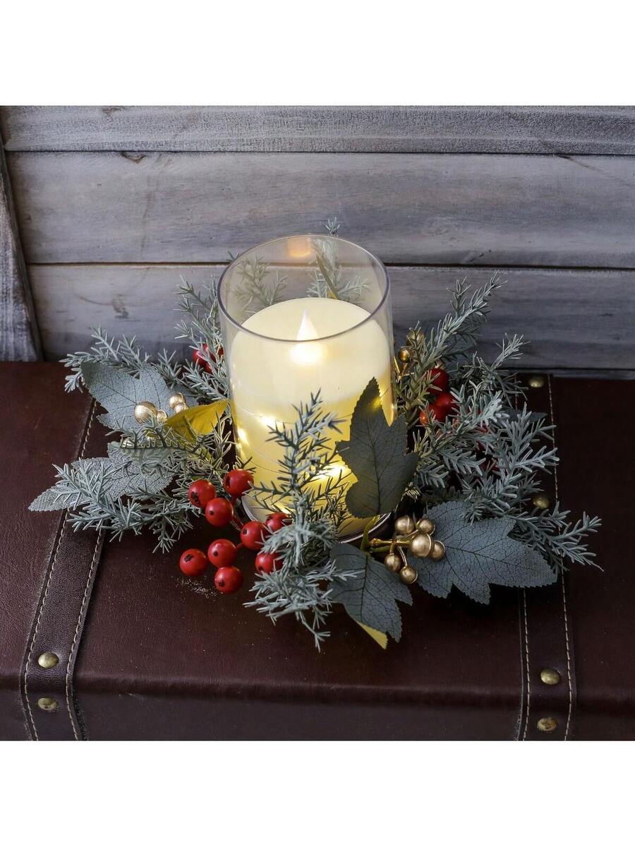 Christmas Candle Ring Holder with Red Flowers, Gold Berries & Greenery, Holiday Table Centerpiece