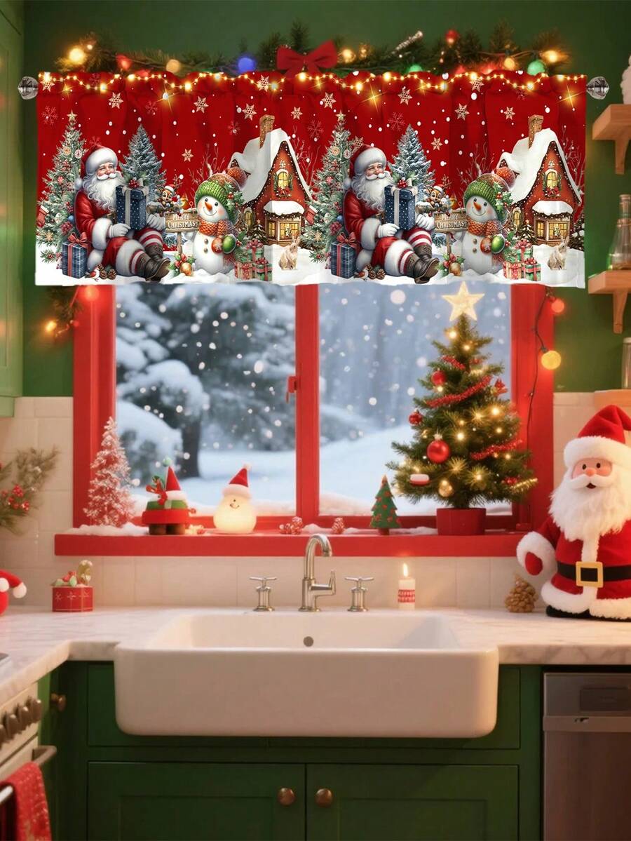 Santa Claus & Snowman Christmas Curtain Valance, 1–2 Piece Polyester Window Decor with Rod Pocket for Kitchen, Living Room or Bedroom