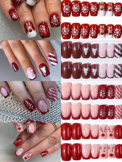 24pcs Christmas Press-On Nails, Short Square Snowman Design with Glitter French Tips, Acrylic False Nail Set with Jelly Glue & File for Holiday Wear