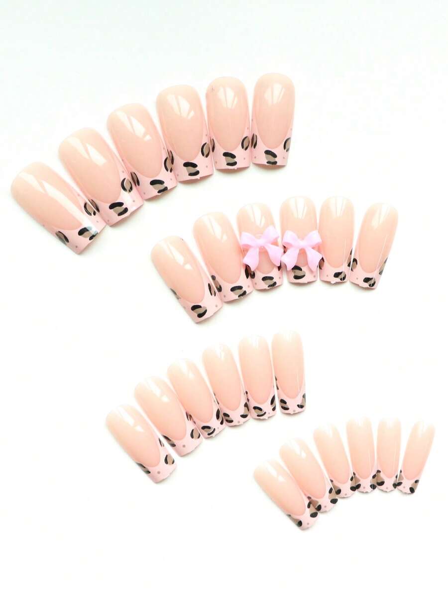 24pcs Long Ballet Christmas Press On Nails, White Snowflakes And Gingerbread Bow Design, 3D Acrylic False Nails For Women Holiday Gift