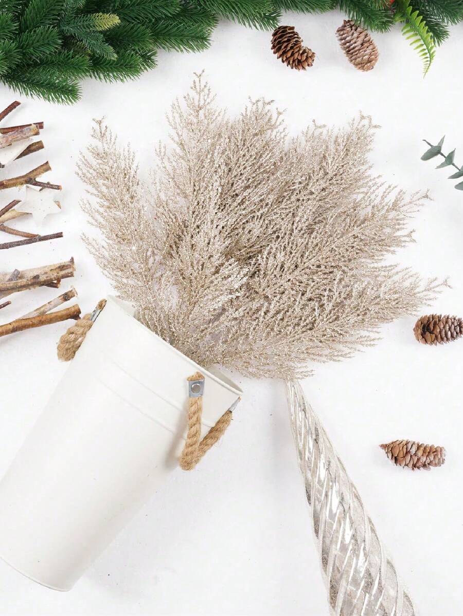 20pcs Glitter Cedar Pine Needles with Sequins, Artificial Blue and Pink Leaves for DIY Garlands, Wedding Bouquets, and Winter Holiday Home Decor