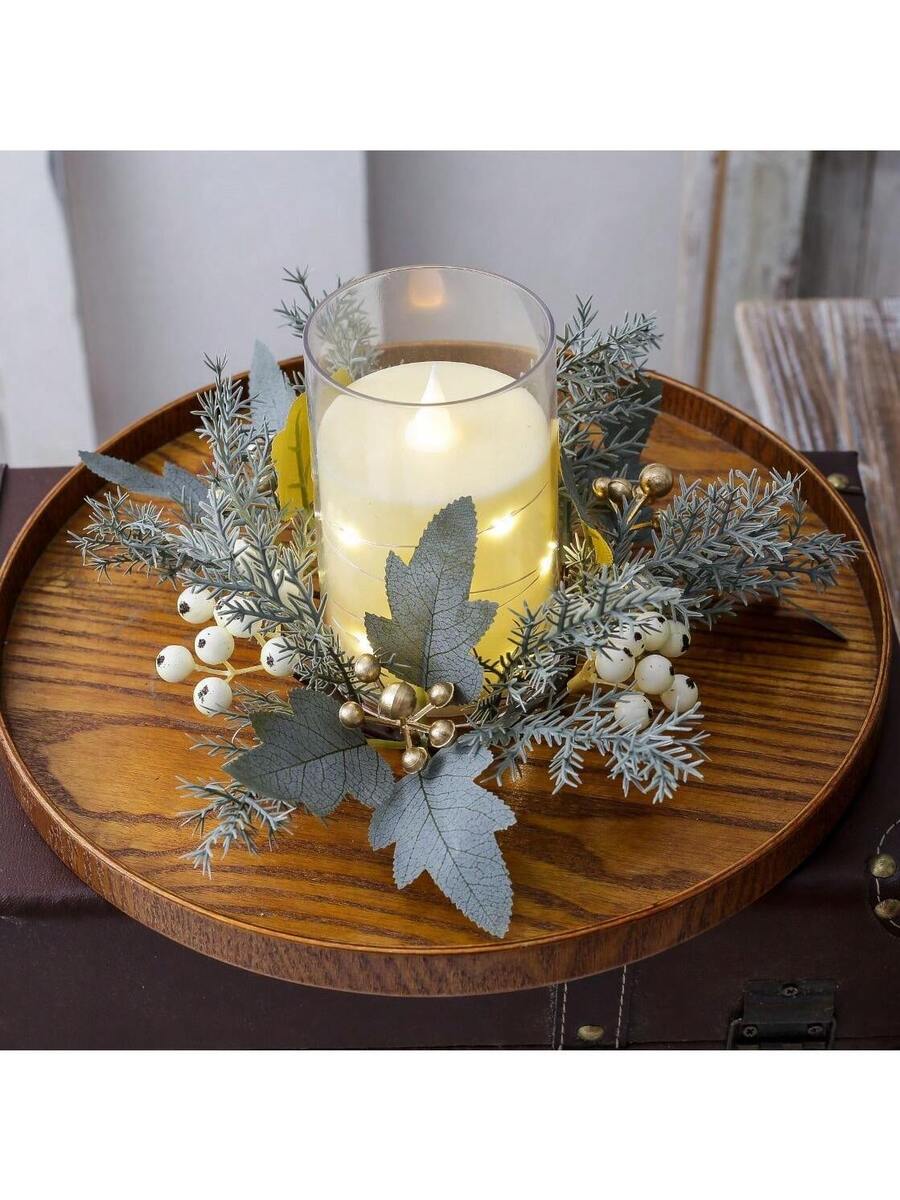 Christmas Candle Ring Holder with Red Flowers, Gold Berries & Greenery, Holiday Table Centerpiece