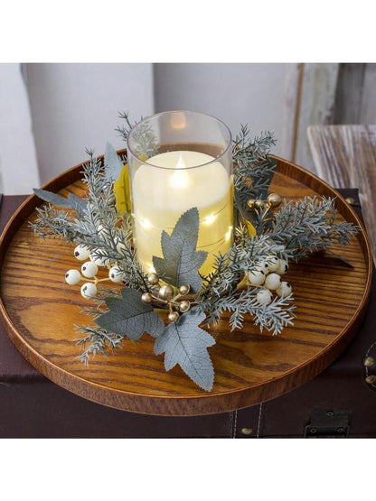 Christmas Candle Ring Holder with Red Flowers, Gold Berries & Greenery, Holiday Table Centerpiece