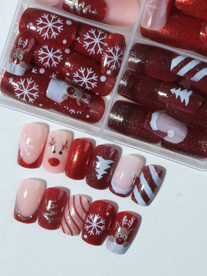 24pcs Christmas Press-On Nails, Short Square Snowman Design with Glitter French Tips, Acrylic False Nail Set with Jelly Glue & File for Holiday Wear