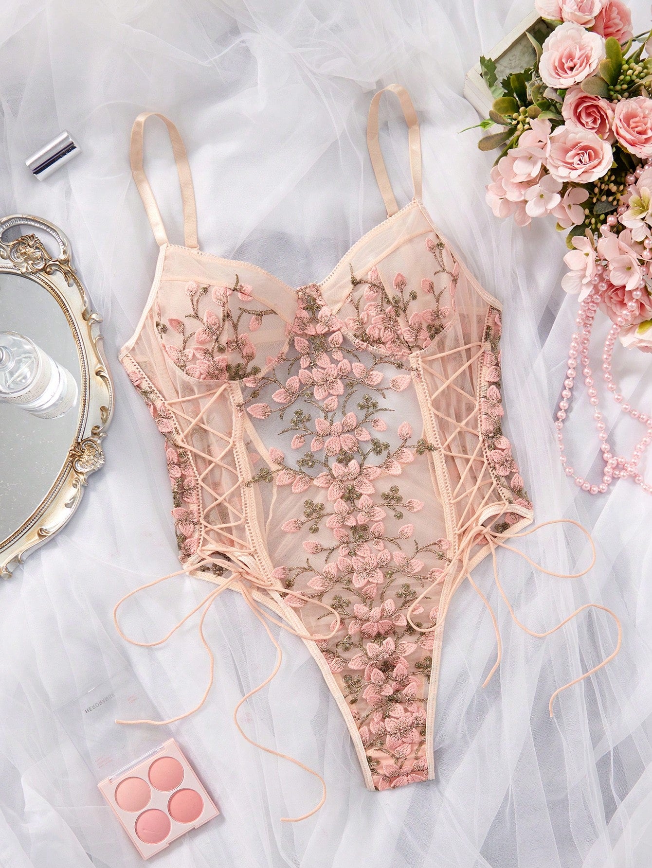 Embroidered Mesh Lace-Up Teddy Bodysuit Lingerie