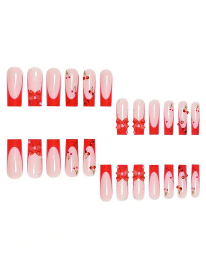 24pcs Soft French Press On Nails, Black And Red Plum Blossom Pattern, Romantic Dark Style Nail Set With File For Women Daily Wear