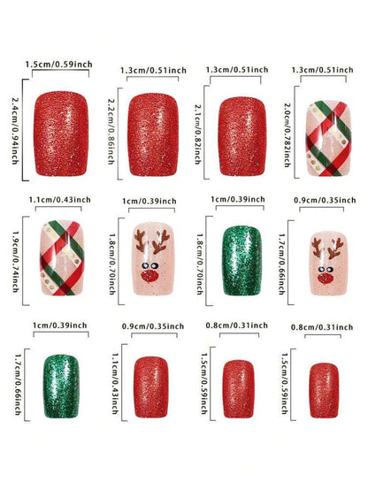 24pcs Red Glitter Christmas Press On Nails, Short Square Bling False Nails With Cute Elk Grid Design, Festive Nail Set Gift For Women Party Wear