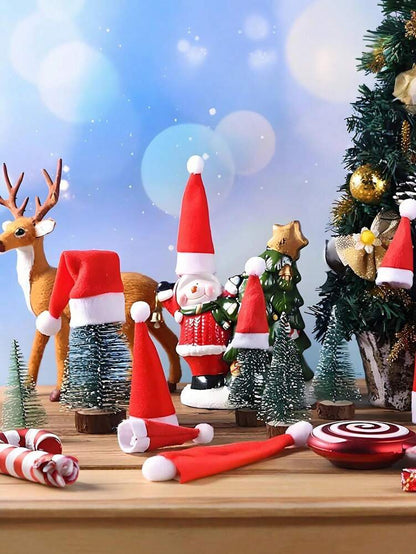 24pcs Mini Santa Hats, Red and White Pom-Pom Table Accessories for Christmas Dining, Wine Bottles, and Party Decorations