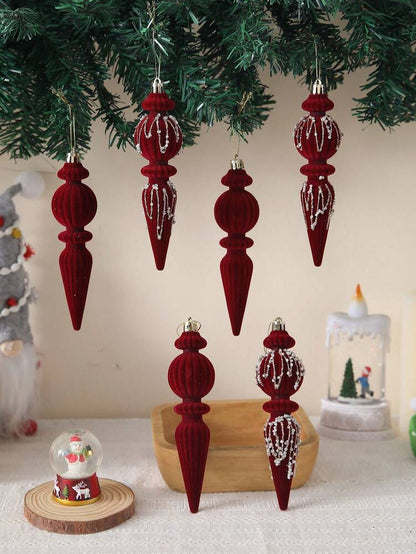 6/12pcs Velvet Christmas Ornament Set (7"), Textured Shatterproof Burgundy Tree Decorations, Elegant Holiday Home Decor