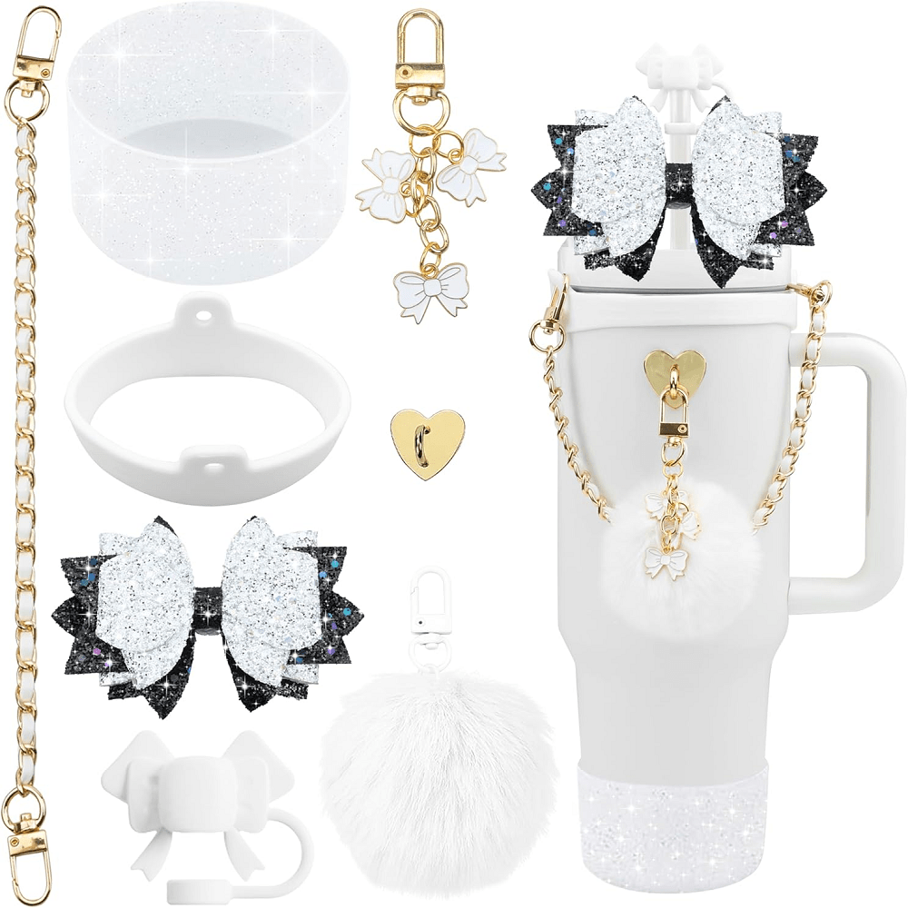 Bling Tumbler Accessory Set for 40oz/30oz Cups, Includes Silicone Bow Straw Topper, Leather Handle Strap & Decorative Charms