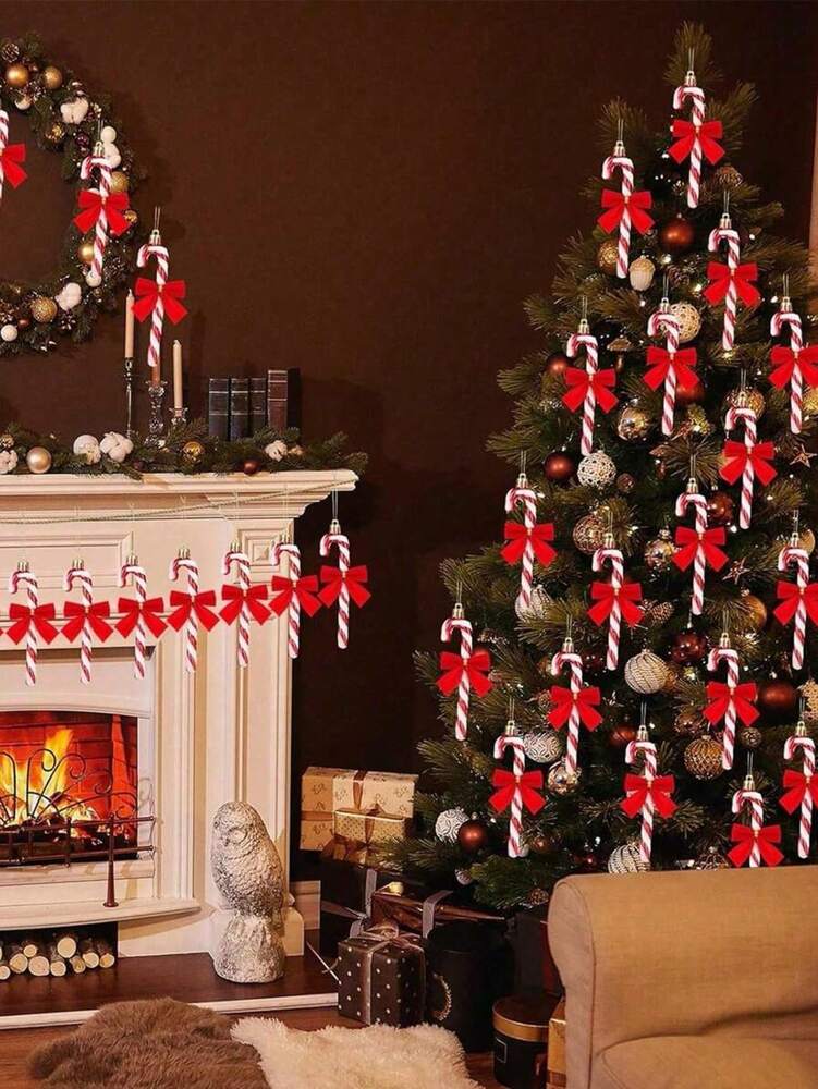 18/36pcs Glitter Candy Cane Christmas Ornaments, Red and White Bow Pendants, Decorative Hanging Crutches for Holiday Tree, Fireplace, and Party Decor