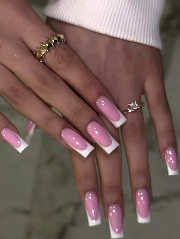 10pcs Square Medium French Press On Nails, Pink White Glossy Minimalist Design, Classic Handmade Nail Set For Women Daily Or Party Wear