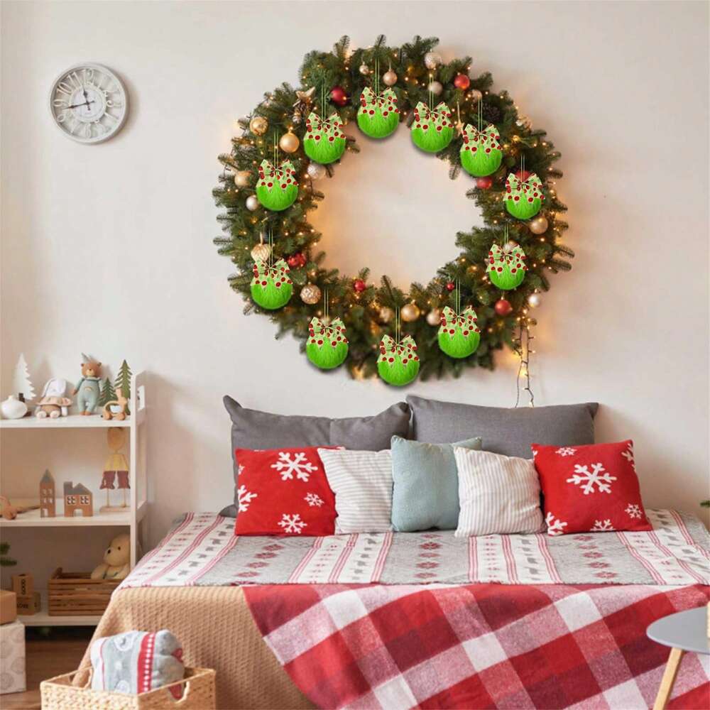 12pcs Green Plush Christmas Tree Hanging Ornaments with Bows, Soft and Festive Holiday Decorations for Home, Tree, or Office Display