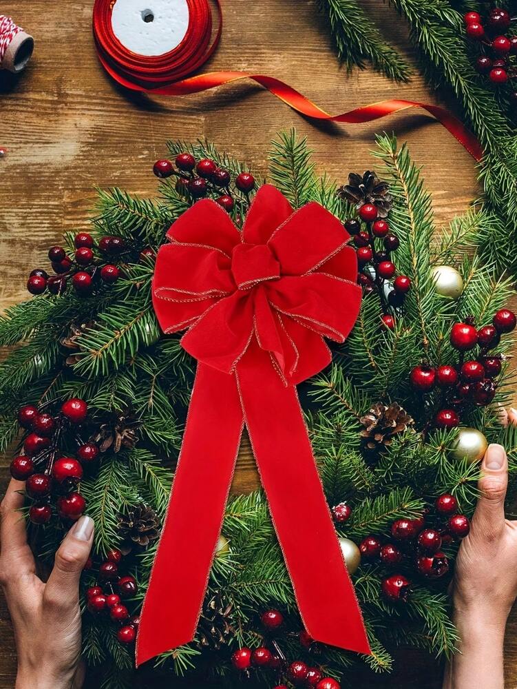 Red Velvet Ribbon with Christmas Tree Decoration, Elegant Holiday Gift Wrapping Ribbon for Birthday, Wedding, or Festive Packaging