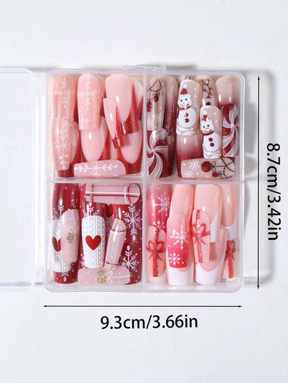 96pcs Long Square Christmas Press On Nails, Snowman Gingerbread Candy Cane Tree Star Design, Acrylic False Nail Set For Women Holiday Party Wear