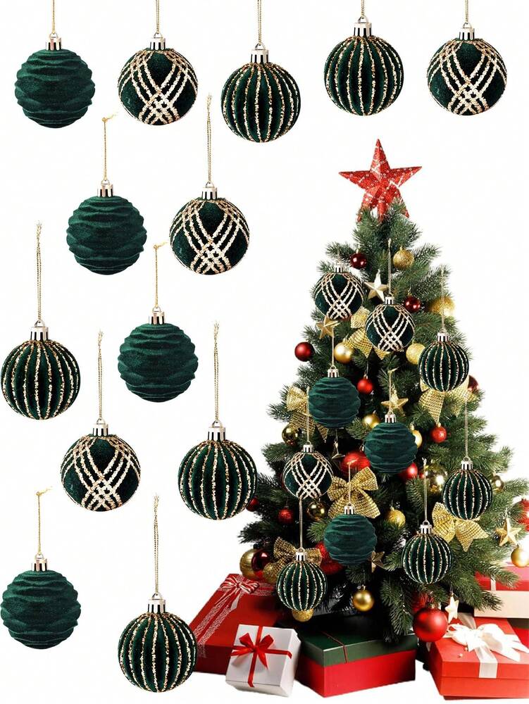 9pcs Green Velvet Christmas Tree Ball Ornaments, Flocked Painted Shatterproof Hanging Décor for Holiday Trees & Home Display