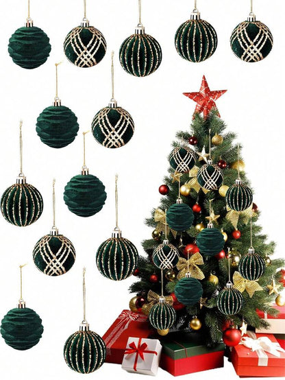 9pcs Green Velvet Christmas Tree Ball Ornaments, Flocked Painted Shatterproof Hanging Décor for Holiday Trees & Home Display