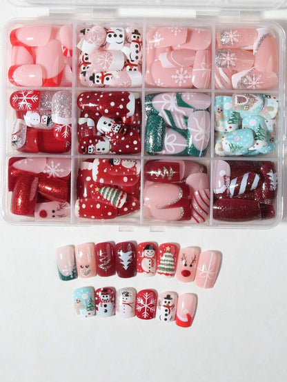 288pcs Short Square Mixed Christmas Press On Nails, Gingerbread Santa Snowman Light Strip Elk Theme, Large Acrylic Nail Set For Holiday Gift