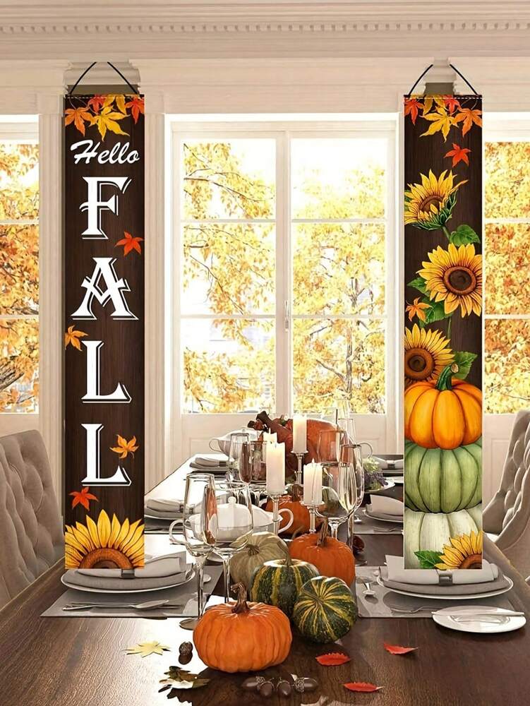 Autumn Porch Welcome Banner Set, Pumpkin & Maple Leaf Front Door Hanging Sign, Seasonal Farmhouse Fall Decoration for Indoor & Outdoor Use