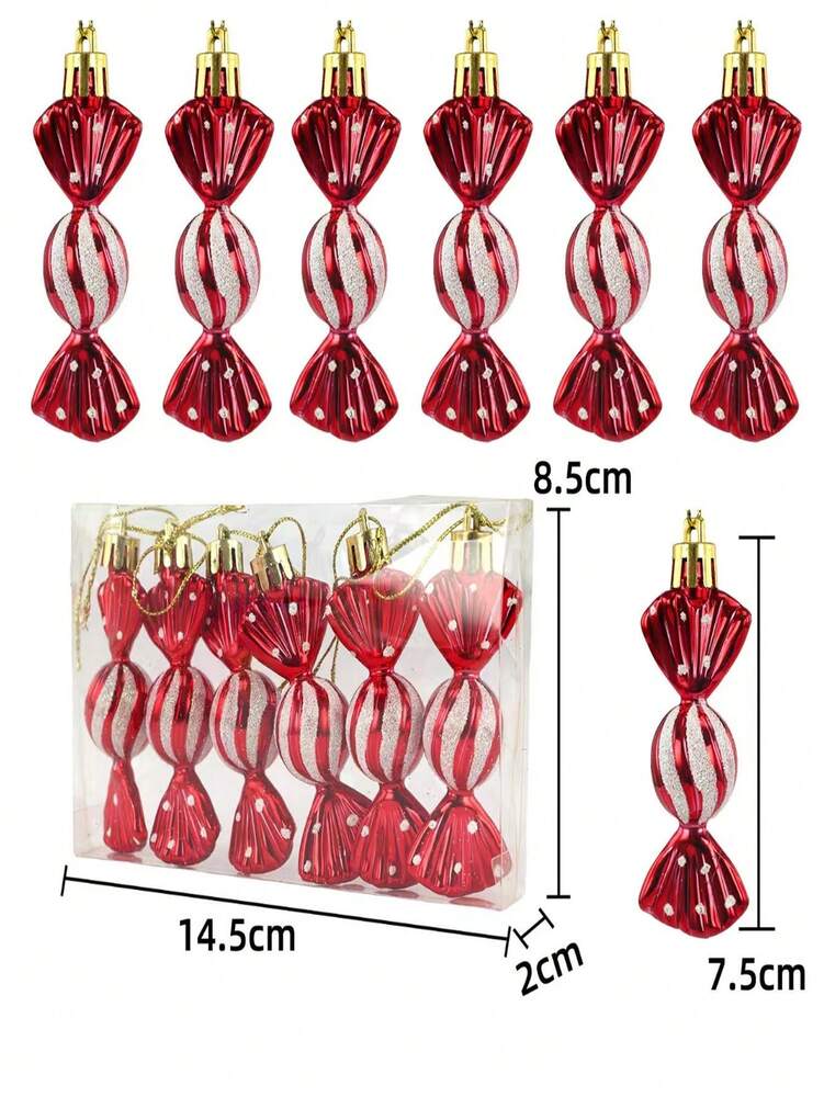 6pcs Red & White Plastic Christmas Ornaments, Striped, Polka Dot & Gingerbread Designs, Durable Lightweight Tree Decorations for Home & Holiday Decor
