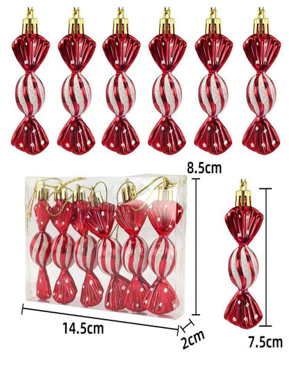 6pcs Red & White Plastic Christmas Ornaments, Striped, Polka Dot & Gingerbread Designs, Durable Lightweight Tree Decorations for Home & Holiday Decor