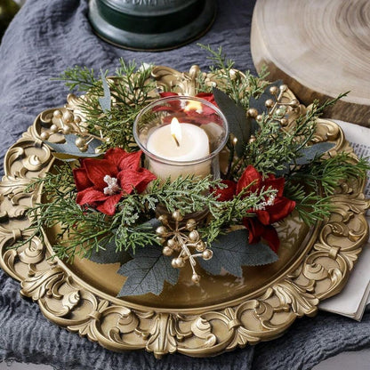 Christmas Candle Ring Holder with Red Flowers, Gold Berries & Greenery, Holiday Table Centerpiece