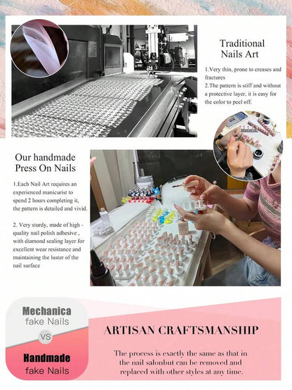 10pcs Sanrio Gothic Press On Nails, Almond Duckbill Square Shapes With Kitty Rhinestones And Zebra Pattern, Kawaii Dark French Nail Set